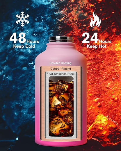 Half Gallon Water Bottle,64oz Insulated Water Bottle Stainless Steel Vacuum,Cold for 48 Hrs,BPA-Free & Leakproof -with Paracord Handle,Strap,Straw Spout Lids,Big Flask Jug for Gym Sports,Pink