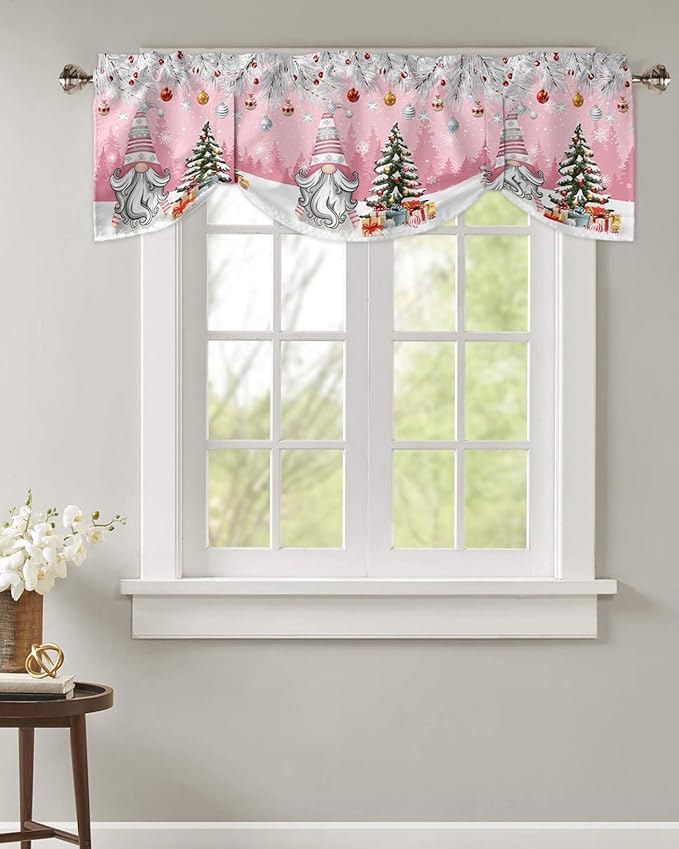 Christmas Gnome Blackout Tie Up Valance Curtains for Kitchen Windows Winter Merry Christmas Tree Balls Window Toppers Balloon Shades for Living Room/Bathroom/Bedroom,1 Panel, 54" X 18", Pink