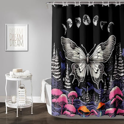 AILONEN Moth Shower Curtain for Kids Girls Boys, Boho Sun Moon with Mushroom Shower Curtains for Bathroom,Natural Plants Shower Curtain Set with Hooks,72" W*78" H
