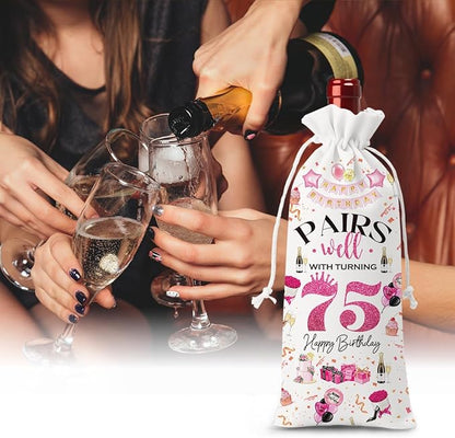 75th Birthday Gifts for Women Men Wine Bag, Birthday Gifts for 75 Year Old Man, Happy 75th Birthday Party Decorations Women for Men, Pairs Well with Turning 75 Wine Bags (White Pink)