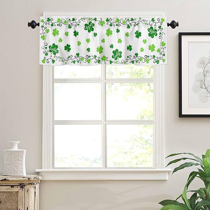 St. Patrick's Day Valances Kitchen Curtains for Windows,Shamrock Irish Clover Rod Pocket Valances Seasonal Spring Holiday Decoration Short Curtains For Bedroom/ Living Room,54" X 18" -1 Panel