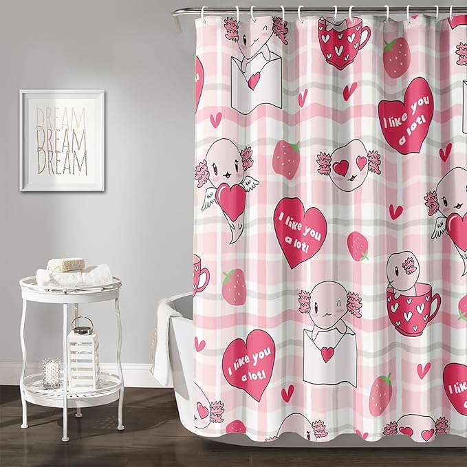 AILONEN Axolotl Shower Curtain Pink Love Hearts Print Bath Curtain Girls Women Adults Strawberry Grid Shower Curtain 72" W*72" H Bathroom Curtain Decor Polyester Waterproof Curtain with 12 Hooks