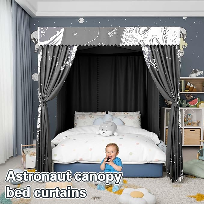 Astronaut Canopy Bed Curtains - 4 Corner Post Bed Curtains Canopy Queen Bed Canopy Curtains for Children Girls Bedroom Decoration(Astronaut, Queen)