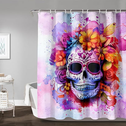 AILONEN Sugar Skull Shower Curtain for Bathroom,Pink Purple Graffiti Flower Art Bathroom Curtain for Kids Girls Teen,Bath Curtain 48" W*72" H Polyester Waterproof Bathroom Curtain with 12 Hooks