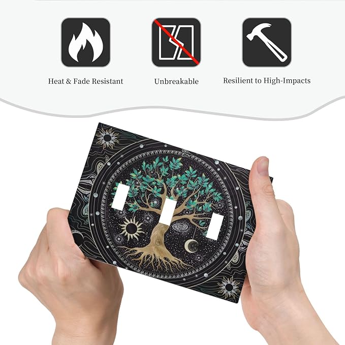 Tree of Life Blackground 3 Gang Light Switch Plate Decorative Hippie Sun Moon Star Triple Toggle Wall Plate Cover Electrical Faceplate Switchcover for Bathroom Bedroom Livingroom Art Panel Decor