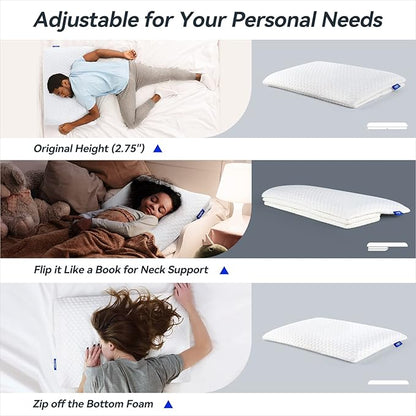 inight Stomach Sleeper Pillows, Thin Memory Foam Pillow, Flat Cooling Gel Pillow for Sleeping Travel with Adjustable Layer-2.75/1.97 inches, Washable Cover, Standard Size with Oeko-TEX & CertiPUR-US