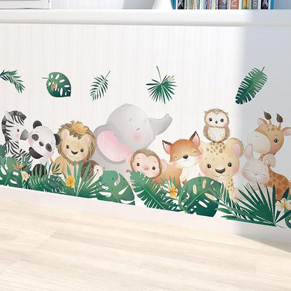 Cartoon Jungle Animals Wall Stickers Nordic Plants Zebra Panda Lion Elephant Monkey Wall Decals for Boy Kids Nursery Living Room Bedroom Children's Room Art Decorations