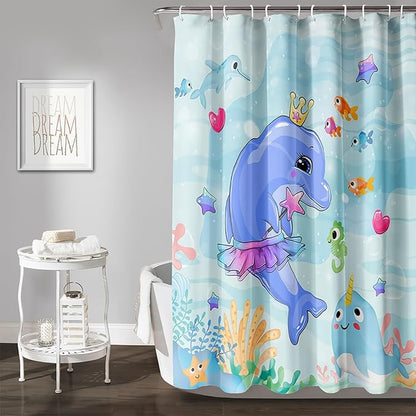AILONEN Cute Dolphin Shower Curtain for Bathroom, Dolphin Fish Ocean Bath Curtain,Modern Minimalist Blue Waterproof Fabric Shower Curtain Set with Hooks 36" W*72" H