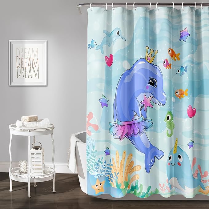 AILONEN Cute Dolphin Shower Curtain for Bathroom, Dolphin Fish Ocean Bath Curtain,Modern Minimalist Blue Waterproof Fabric Shower Curtain Set with Hooks 72" W*78" H