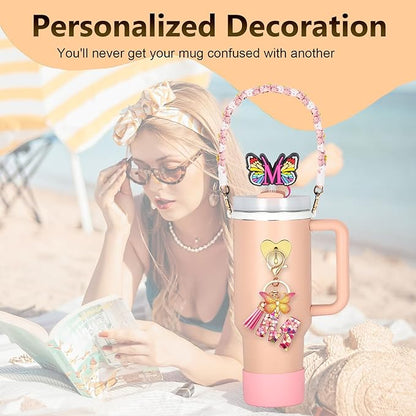 Stanley Cup Accessories Include Silicone Stanley Straw Cover, Butterfly Letter KeyChain Charms, Water Bottle Handle Strap, Boot and Chain for Stanley Cup 30oz 40oz Tumbler