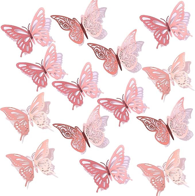72Pcs 3D Butterfly Wall Decor 3 Sizes 3 Styles, Butterfly Decorations Party Birthday Cake Decoration, Removable Butterfly Wall Stickers for Kids Nursery Wedding Bedroom Room Decor(Rose Gold)