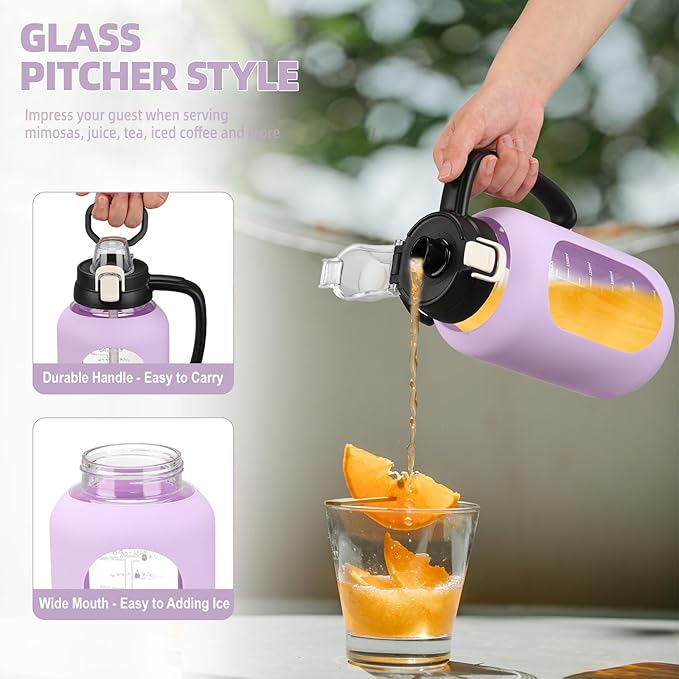 64 oz Glass Water Bolttles Half Gallon Large Motivational Water Bottle with Time Marker Sports Water Bottles with Silicone Sleeve and Handle Lid Water Jug for Gym Workout-1 Pack