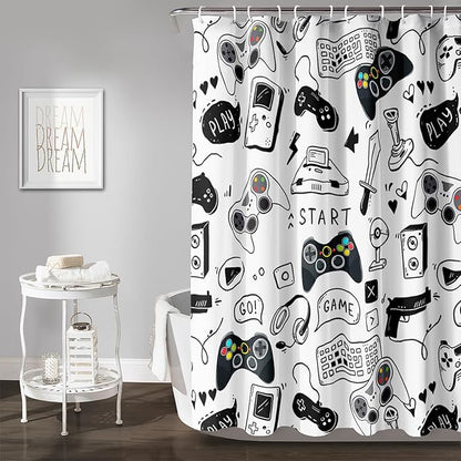 AILONEN Gamer Shower Curtain for Boys 60" W*72" H Black Gaming Video Game Bathroom Curtain,Teen Boys Bath Curtain Polyester Waterproof Retro Game Controller Bathroom Curtain with 12 Hooks