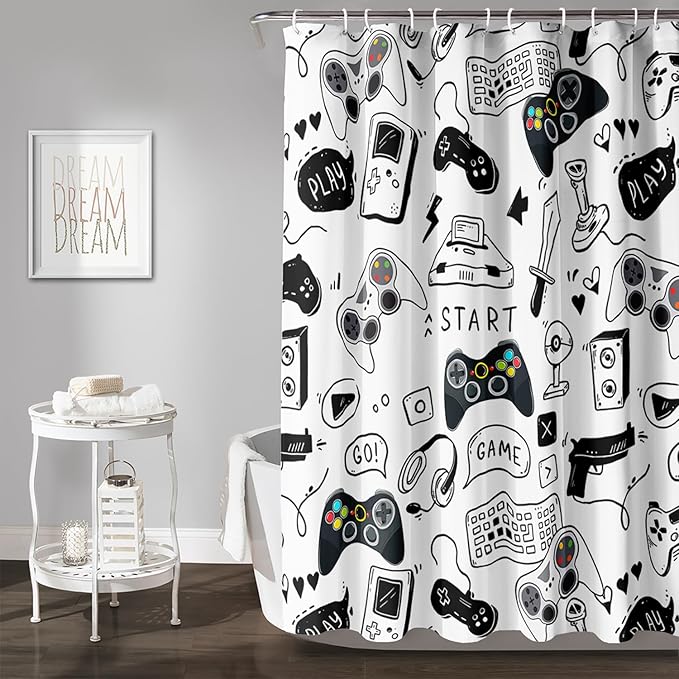 AILONEN Gamer Shower Curtain for Boys 36" W*72" H Black Gaming Video Game Bathroom Curtain,Teen Boys Bath Curtain Polyester Waterproof Retro Game Controller Bathroom Curtain with 12 Hooks