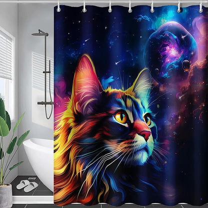 AILONEN Cat Shower Curtains for Kids,Galaxy Cat Curtains Gifts for Cat Lover,Animal Theme Bath Curtains for Bathroom Decor,72" W*78" H Polyester Waterproof with 12 Plastic Hooks