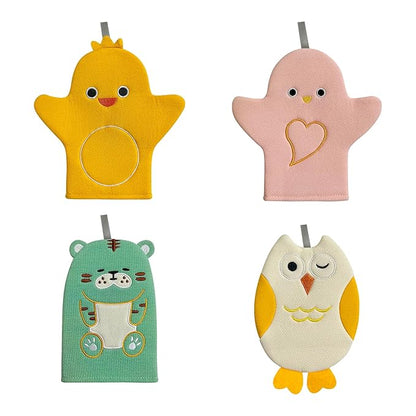 4 Pcs Children Bath Mitt Washcloths Gloves Kids Body Scrubber for Bathing with Cute Animal Shape, Wash Cloths for Babies, Bath Sponge for Kids & Toddler & Adults(Cute Tiger, Eagle, Duckling, Chicken)