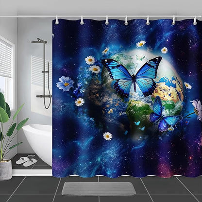 AILONEN Blue Butterfly Shower Curtain 36" W*72" H,Mystic Galaxy Earth Starry Bathroom Decor,Modern Floral Butterfly Bath Curtain Polyester Waterproof Bathroom Curtain with 12 Hooks