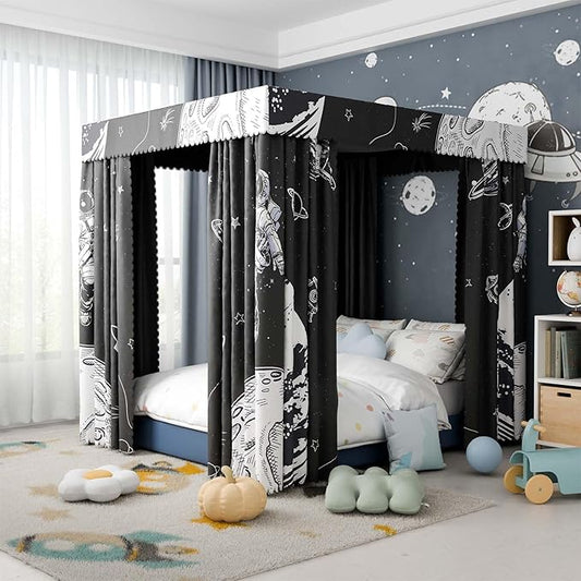 Astronaut Canopy Bed Curtains - 4 Corner Post Bed Curtains Canopy King Bed Canopy Curtains for Children Girls Bedroom Decoration(Astronaut, King)
