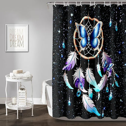 AILONEN Butterfly Dreamcatcher Shower Curtain, Blue Starry Galaxy Butterfly Bath Curtain,Dream Catcher Feather Print Waterproof Bathroom Curtain with 12 Plastic Hooks for Girls Women 48" W*72" H