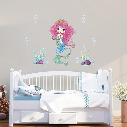 Mermaid Wall Decal for Girls Room, Princess Room Decor, Under The Sea Decorations, Ariel Little Mermaid Stickers, Vinyl Kids Wall Murals Peel and Stick for Bedroom Bathroom Nursery Living Room