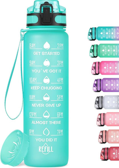 32oz Motivational Water Bottle with Time Marker & Fruit Strainer, Leak-proof BPA Free Non-Toxic Bottle with Carrying Strap, Perfect for Fitness, Gym and Outdoor Sports