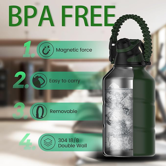 Insulated Half Gallon Water Bottle 64oz with Magnetic Lid,Stainless Steel Double-Wall Vacuum Leak Proof Sports Insulated Jug with Paracord Handle, Keep Water Hot & Cold for Outdoor,Gym
