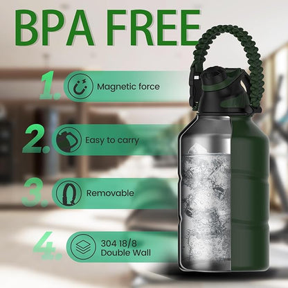 Insulated Half Gallon Water Bottle 64oz with Magnetic Lid,Stainless Steel Double-Wall Vacuum Leak Proof Sports Insulated Jug with Paracord Handle, Keep Water Hot & Cold for Outdoor,Gym