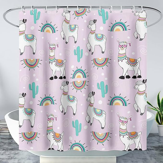 AILONEN Cool Llama Shower Curtain,Purple Desert Cactus Llama Bath Curtain,Polyester Water for Bathroom with 12 Plastic Hooks,72" W*84" H Purple