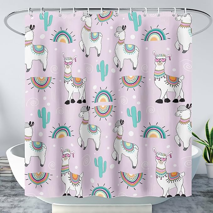 AILONEN Cool Llama Shower Curtain,Purple Desert Cactus Llama Bath Curtain,Polyester Water for Bathroom with 12 Plastic Hooks,72" W*96" H Purple
