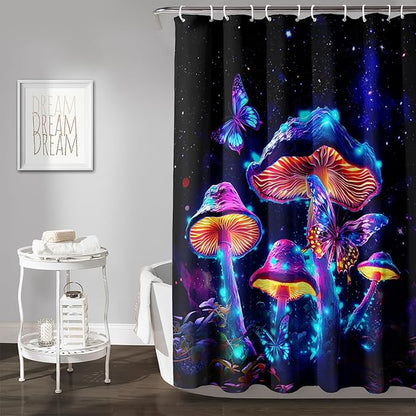 AILONEN Magic Mushroom Shower Curtain for Kids Girls,Glowing Mushrooms and Starry Night Waterproof Fabric Shower Curtain for Bathroom,Butterfly Plants Shower Curtain Set with Hooks,60" W*72" H