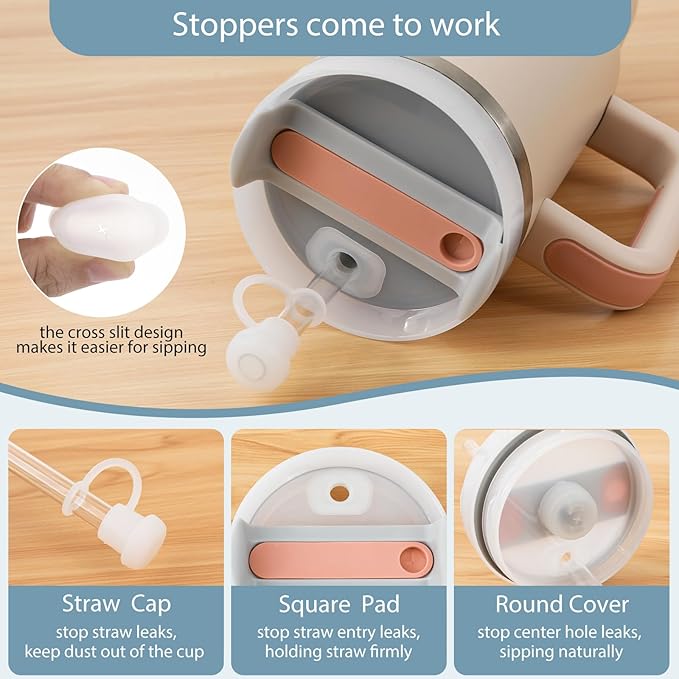 2 Set Spill Stoppers for Stanley Cup 20oz/30oz/40oz/64oz, Leak Proof Accessories for Stanley Tumbler with Straw Cap and Square Pad and Round Cover (White, 2)