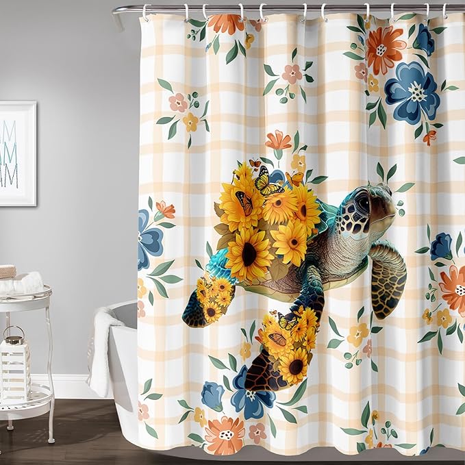 AILONEN Sea Turtle Shower Curtain for Bathroom, Sunflower Turtle Bathroom Curtain,Ocean Turtle Floral Grid Bath Curtain 36" W*72" H Polyester Waterproof Bathroom Curtain with 12 Hooks