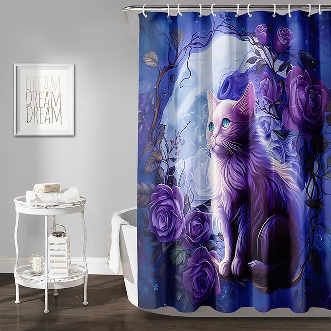 AILONEN 3D Cute Cat Shower Curtain Set, Purple Oil Rose Waterproof Fabric Shower Curtain for Kids Boys Girls,Cat Lovers Animal Design Shower Curtain for Bathroom with Hooks,72" W*78" H