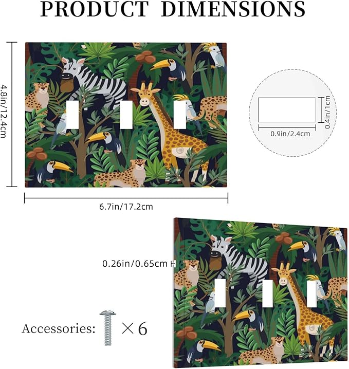 Cartoon Animal Zebra Leopard Giraffe Bird Leaf 3 Gang Nursery Light Switch Covers Decorative Triple Toggle Wall Plate Electrical Faceplate Switchplate for Kidroom Bedroom Decor