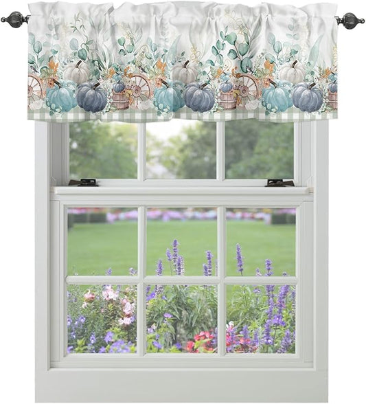 Fall Thanksgiving Kitchen Curtains Valances for Windows Navy Blue Pumpkins Green Eucalyptus Leaves Rod Pocket Window Treatment for Kitchen /Living Room/Bedroom/ Bathroom 42" X 18",Sage Farmhouse Plaid