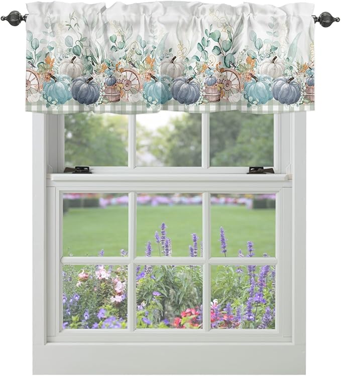 Fall Thanksgiving Kitchen Curtains Valances for Windows Navy Blue Pumpkins Green Eucalyptus Leaves Rod Pocket Window Treatment for Kitchen /Living Room/Bedroom/ Bathroom 54" X 18",Sage Farmhouse Plaid