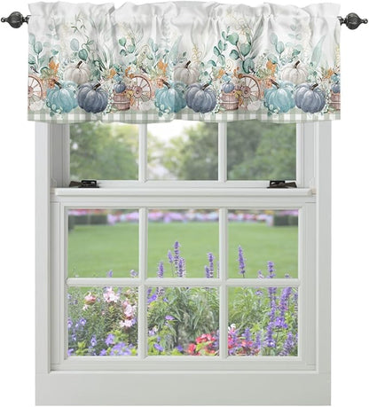 Fall Thanksgiving Kitchen Curtains Valances for Windows Navy Blue Pumpkins Green Eucalyptus Leaves Rod Pocket Window Treatment for Kitchen /Living Room/Bedroom/ Bathroom 54" X 18",Sage Farmhouse Plaid