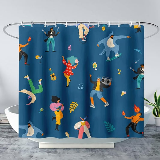 AILONEN Graffiti Cartoon Figure Music Shower Curtain,Hip Hop Graffiti Figure Music Art Bath Curtain Minimalist Bathroom Curtain 72" W*72" H Polyester Waterproof Bathroom Curtain with 12 Hooks