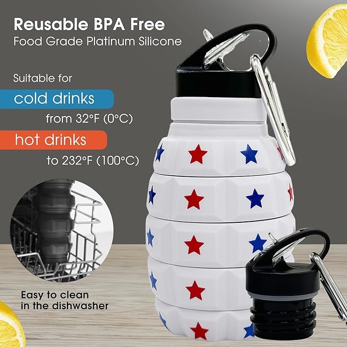 American Flag Collapsible Water Bottle 19.6 oz - US Flag Leak Proof Water Bottle - Patriots Gifts for Men Women - Silicone & Reusable - Independence Day Patriotic Accessories - God Bless America Decor