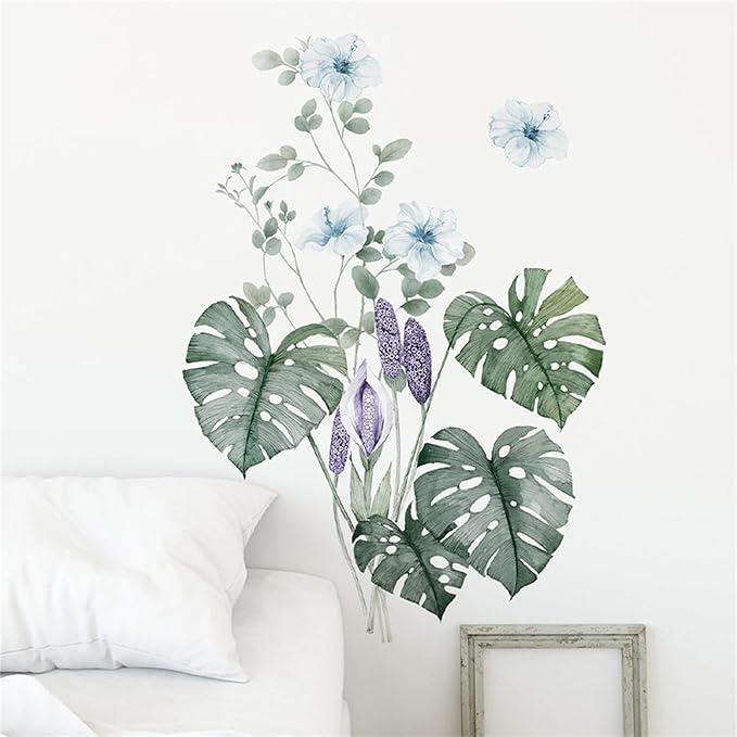 Tropical Leaf Green Leaves Wall Decals Monstera Deliciosa Liebm Palm Tree Leaf Plants Wall Stickers Bedroom Living Room TV Wall Door Decor Murals (Tropical Leaf Green 5)