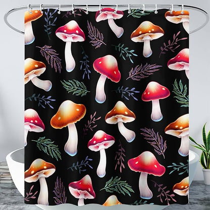 AILONEN Cartoon Mushroom Shower Curtain,Cute Red Mushroom Waterproof Fabric Bath Curtain for Kids Girls Boys,Natural Fungal Plants Shower Curtain Set for Bathroom 72" W*96" H