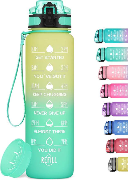32oz Motivational Water Bottle with Time Marker & Fruit Strainer, Leak-proof BPA Free Non-Toxic Bottle with Carrying Strap, Perfect for Fitness, Gym and Outdoor Sports