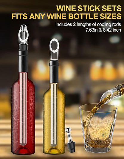 6pcs Wine Chiller Set - 2 Wine Bottle Cooler Sticks + 1 Wine Aerator Pourer + 1 Foil Cutter + 2 Wine Stoppers, Wine Tasting Drinking Accessory, Hosting Wine Gift for Wine Lover Women Men