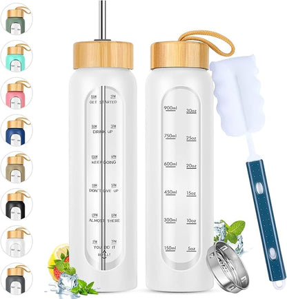 32 oz Glass Water Bottles with Straw - Motivational Glass Water Bottle with Time Marker & Silicone Sleeve - Reusable Glass Tumbler Includes 2 Bamboo Lids & Fruit Infuser - 1 Pack