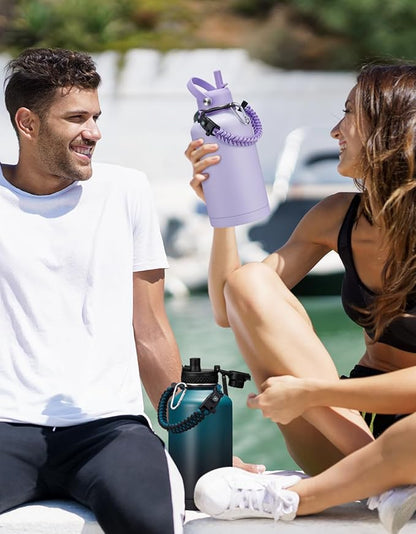 64 oz Insulated Water Bottle Hydrojug - Cold for 48Hrs Stainless Steel Vacuum Flask, Half Gallon Sports Water Bottle 64oz, 1/2 Gallon Water Bottle with Straw, Pop-up Spout Lid, Purple for Woman Girl