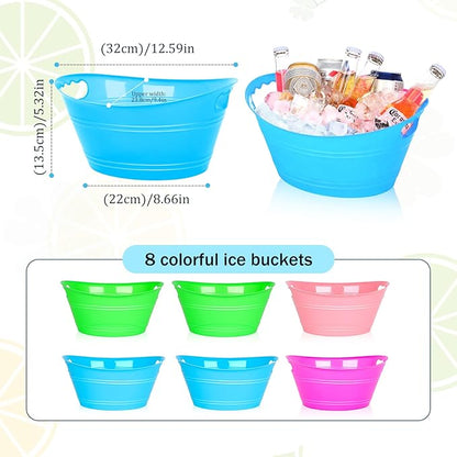 8Pcs Ice Bucket, Plastic Ice Buckets for Parties, Drink Buckets with Handles Beverage Buckets Oval Storage Plastic Tub for Wine Beer Champagne Bottles, 4.3Liter (set-2)