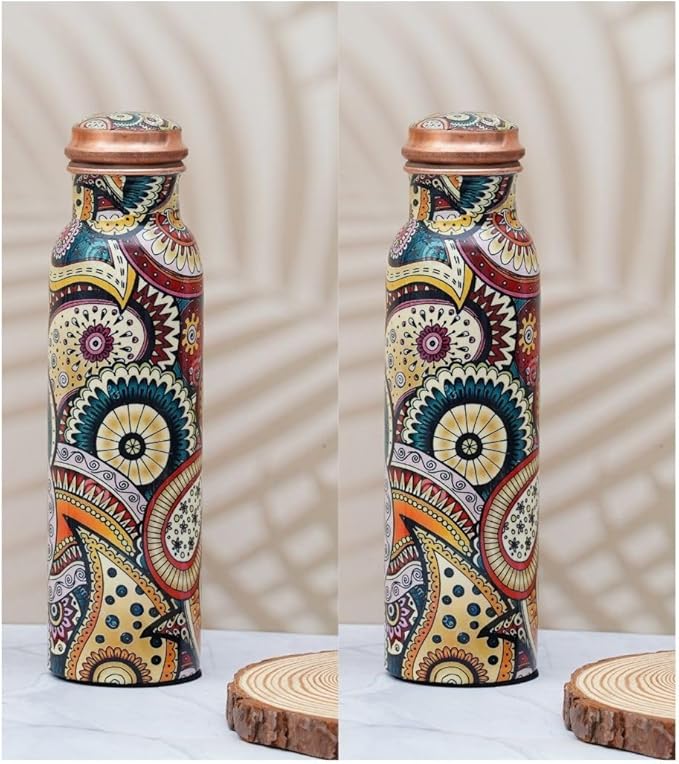Craft Trade Copper Water Bottle for Drinking 32oz Antique Multicolor Pure Set Of 2 Copper Water BottleTravel Bottle for Gym, Office, Hiking, Outdoor Ayurvedic Hammered Water Jug