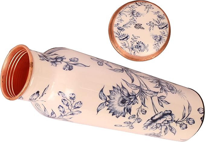 Pure Copper Water Bottle - Handcrafted - Ayurveda health benefits - Large 35 oz - Leak proof - Easy to carry for Sports, Fitness, Yoga, School - White Base Petals Vines Motifs Enamel