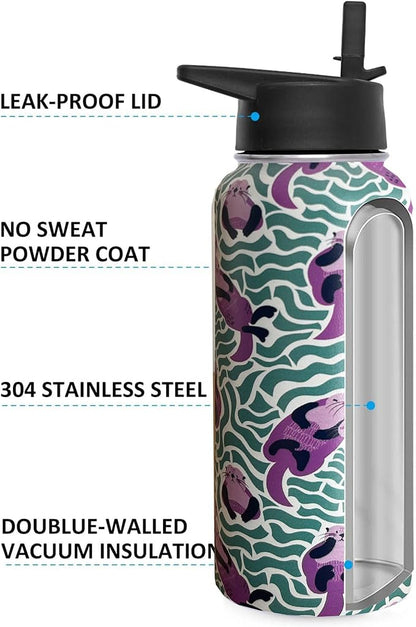 32 oz Sea Otter Water Bottle Insulated Vacuum Stainless Steel Sports Water Bottle with 2 Lids (Straw and Spout Lid) for Gym Camping Hiking