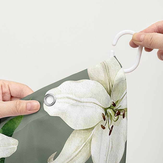 AILONEN Flower Shower Curtain, Vintage Garden Lilies Theme Waterproof Fabric Shower Curtain Set,Green Spring Flowers Bathroom Decor for Teen Girls Women,72" W*72" H